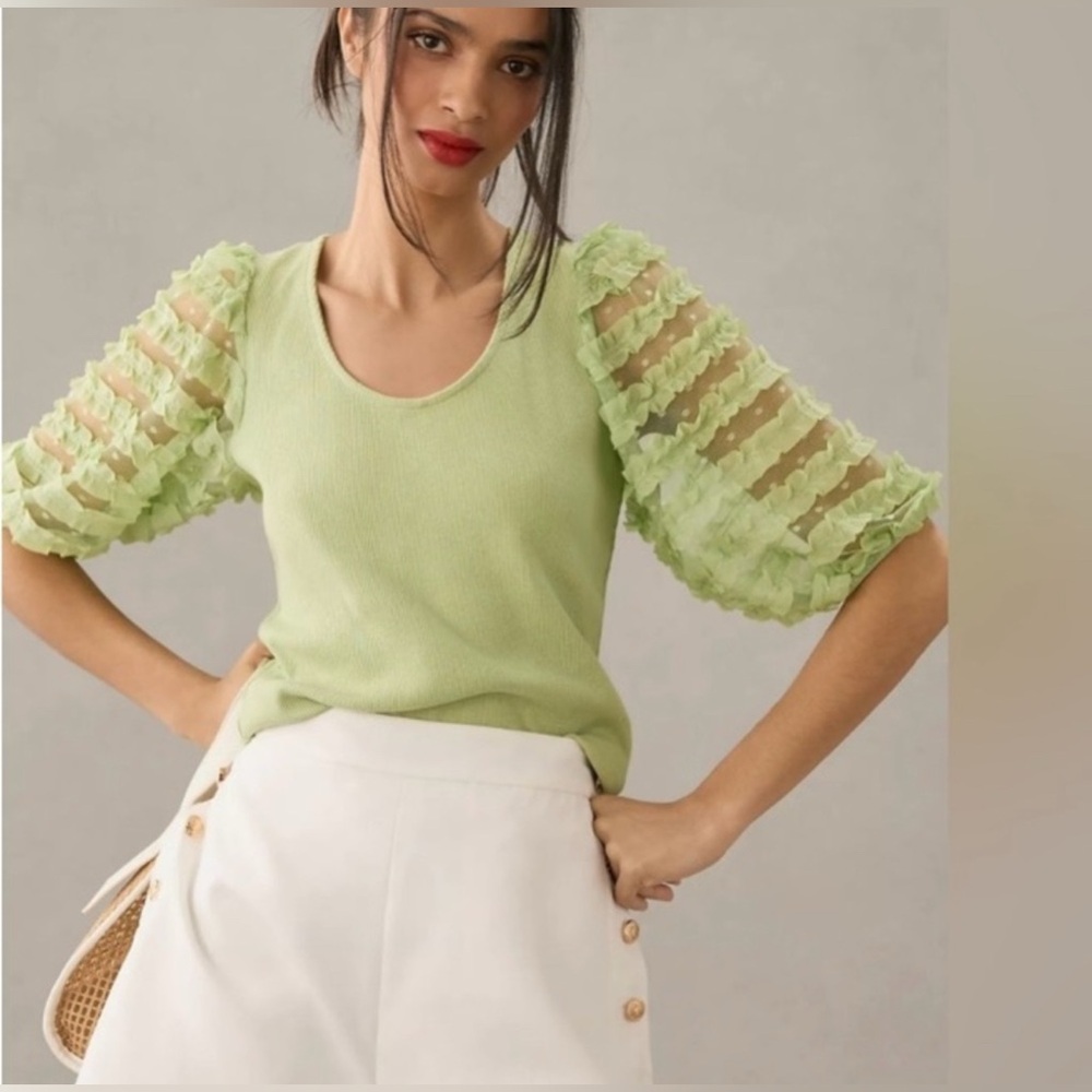 Anthropologie Dolan left coast collection lace puff sleeve ribbed blouse Medium